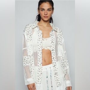 Floral Gauze Patch Crochet Button Down Shirt - POL